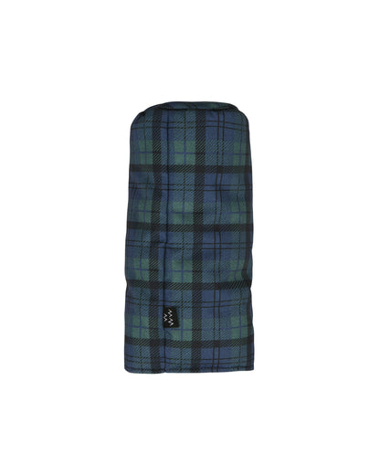 Blue and green plaid headcover with a cylindrical shape and a small black brand label near the base.