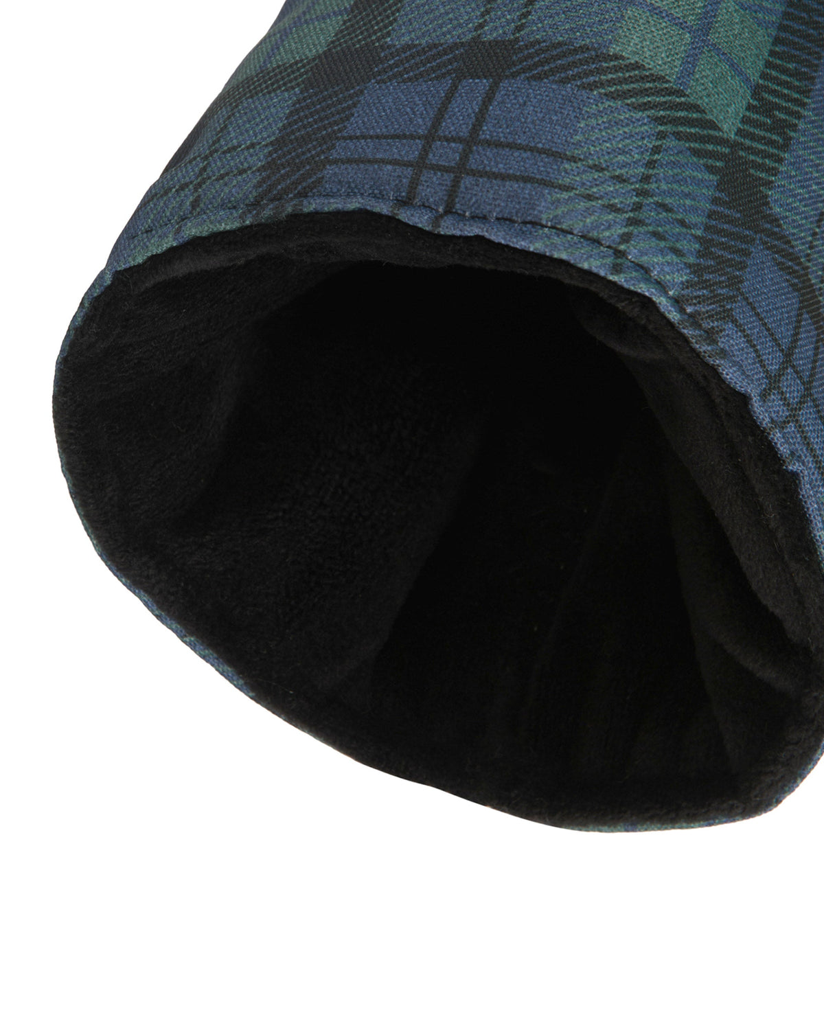 Detail of a blue and green plaid headcover with a black inner lining.