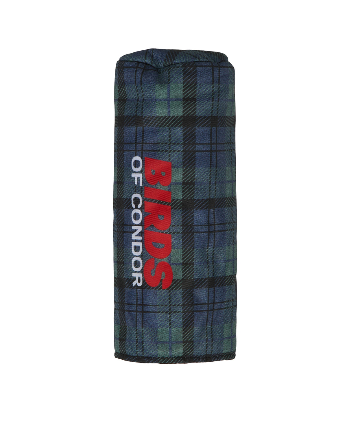 Blue and green plaid headcover featuring a vertical red and white logo running down the side.