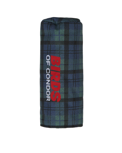 Blue and green plaid headcover featuring a vertical red and white logo running down the side.