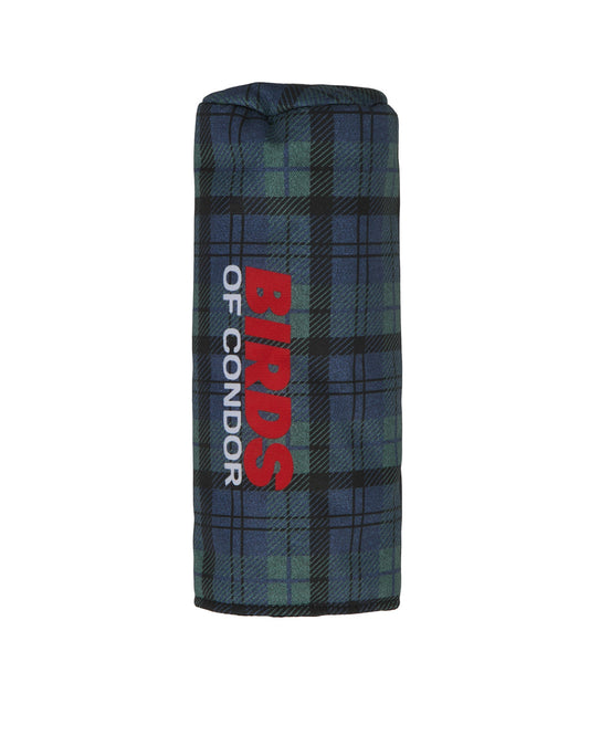 Blue and green plaid headcover featuring a vertical red and white logo running down the side.