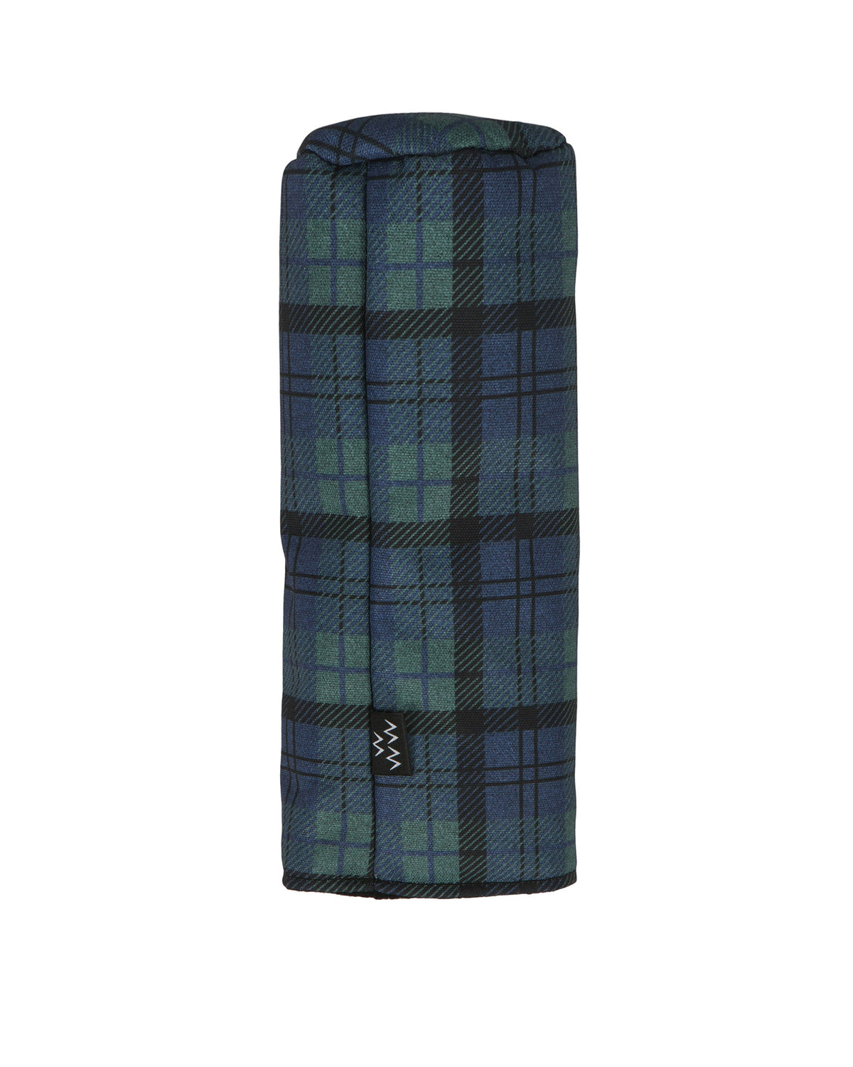Blue and green plaid headcover with a cylindrical design and a small black woven tag on the lower side.