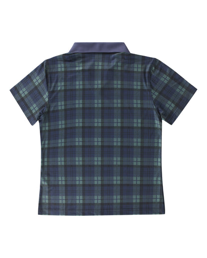 Back of a blue and green plaid women's polo shirt featuring short sleeves and a solid collar.