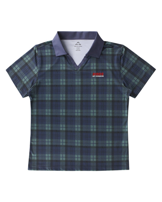 Blue and green plaid polo shirt featuring a V-neck, collar, and a small red chest logo.