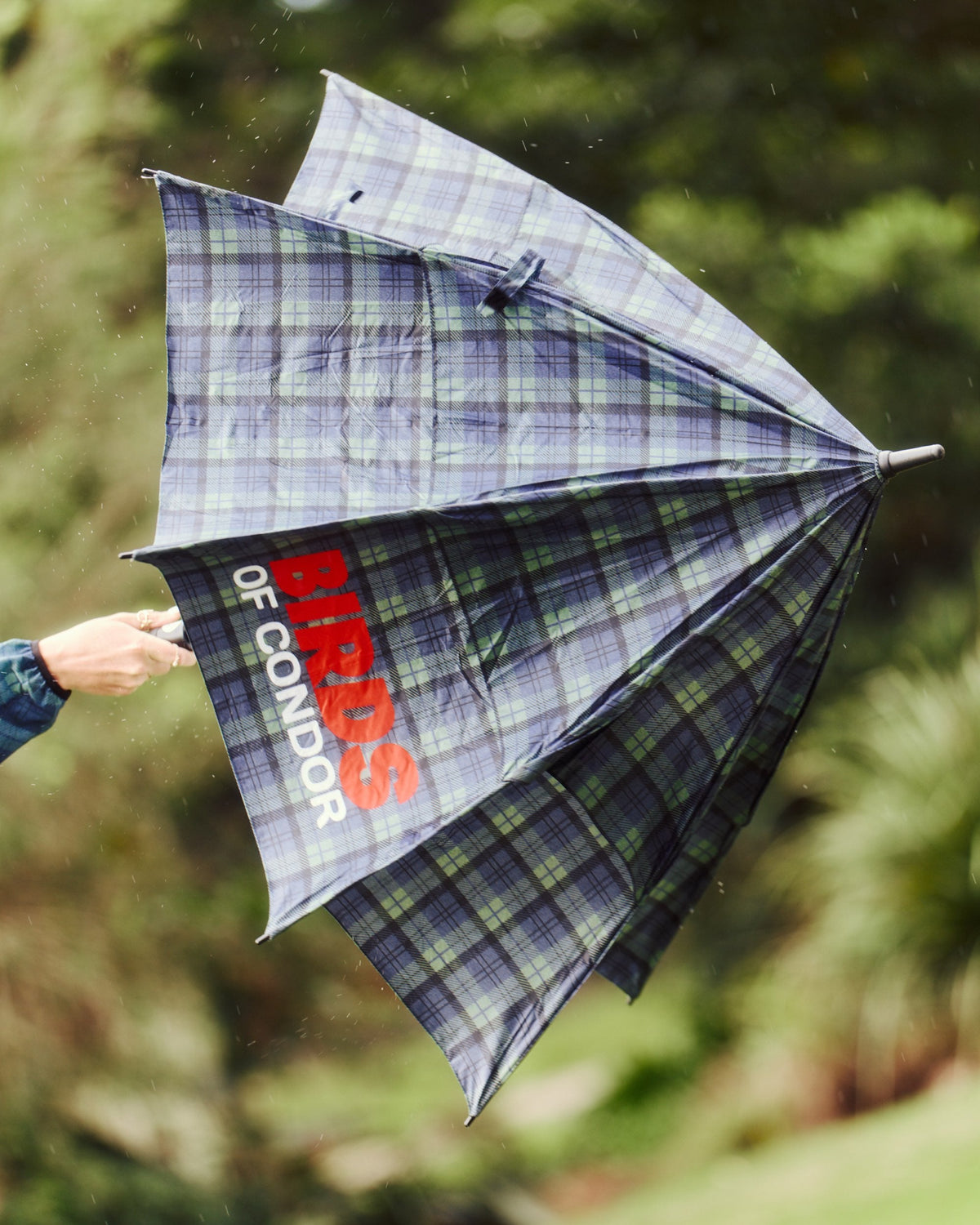 A person holding a blue and green plaid umbrella with a red logo on the canopy exterior.