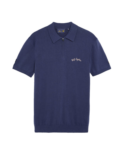 Navy blue cotton knit 1/4 zip polo shirt with a collar and embroidered text on the chest.