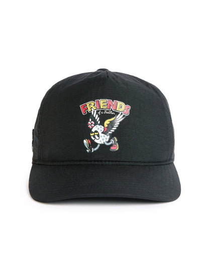 Black five-panel snapback featuring a colourful printed graphic of a winged golf ball and lettering.
