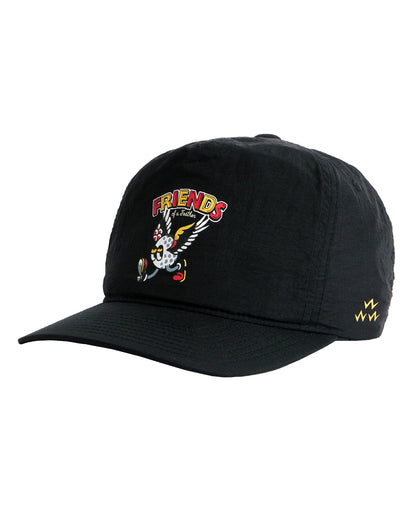 Black 5-panel snapback featuring a winged golf ball graphic and the text Friends of a Feather.