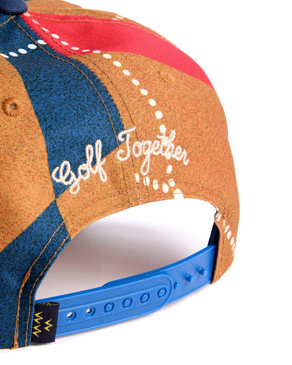 Back of an argyle snapback with blue, red, and brown pattern and white embroidered text reading Golf Together.