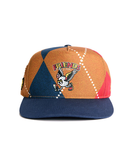 Argyle snapback headwear featuring a winged golf ball design and Friends of a Feather front graphic.