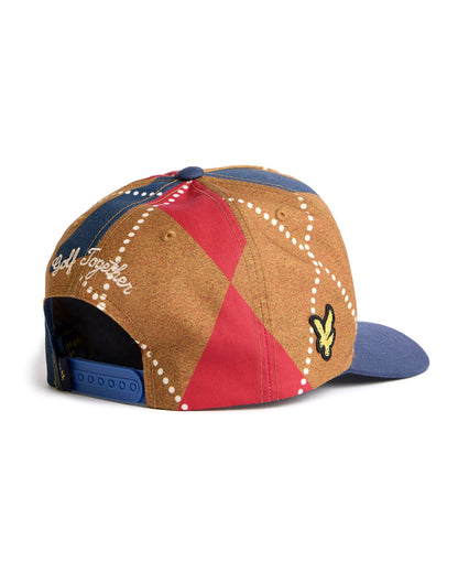 Back of an argyle snapback hat with navy brim, yellow bird logo, and white script on the side.