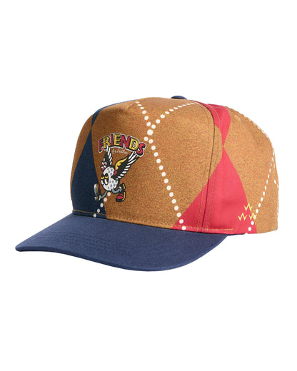Argyle snapback cap with a navy brim and a winged golf ball graphic on the front.