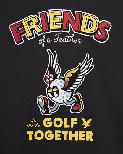 Detail of a black t-shirt featuring a winged golf ball graphic, Friends of a Feather, and golf text.