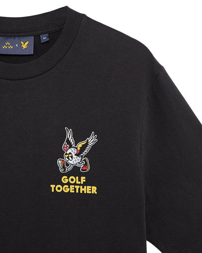 Detail of a black t-shirt with a winged golf ball graphic and the words GOLF TOGETHER.