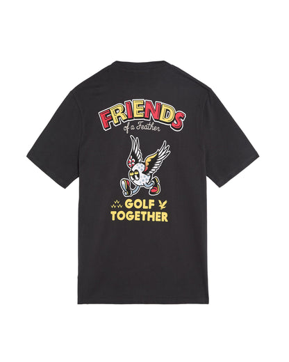 Back of a black t-shirt with a winged golf ball graphic and the text Friends of a Feather - Golf Together.