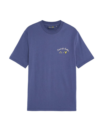 Crown blue organic cotton t-shirt with printed chest logos and text reading Friends of a Feather.