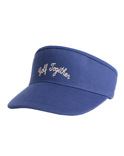 Navy cotton twill tour visor featuring embroidered white cursive text on the front crown panel.