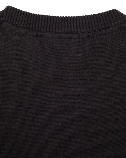 Detail of a black cotton sweater with a ribbed crew neckline and fine knit texture.