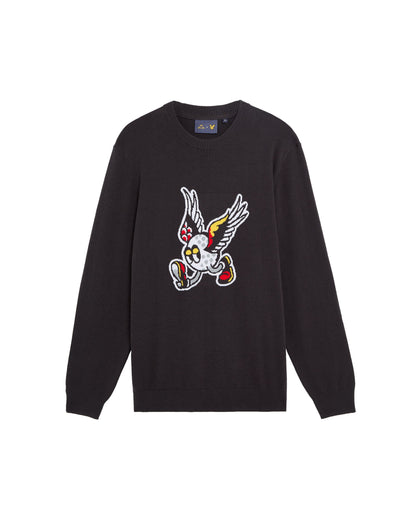 Phantom black sweater featuring a central running winged golf ball graphic and a crew neckline.