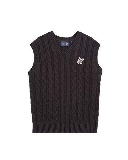 Black cable knit vest featuring a V-neckline and an embroidered winged golf ball badge on the chest.
