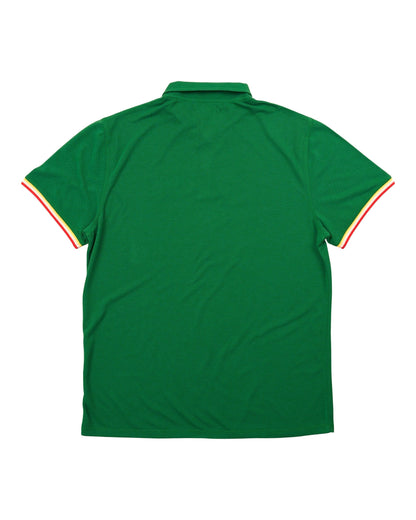 Back of a Masters Green polo shirt featuring short sleeves with tri-colour cuff trim.