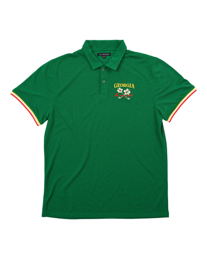 Masters green polo shirt featuring tri-colour sleeve cuffs and an embroidered Georgia On My Mind logo.