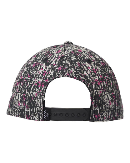 Back of a black motley cotton snapback cap with an all-over abstract yardage print and a black strap.
