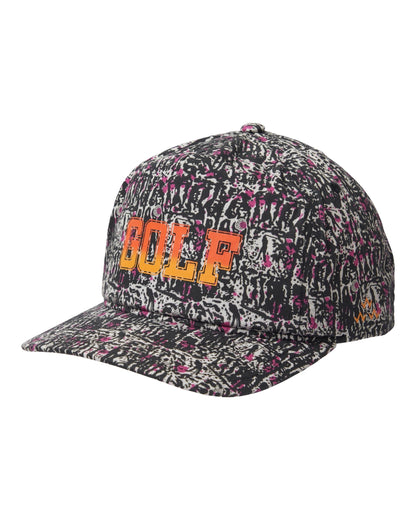 Black motley cotton cap featuring an all-over yardage print and an orange fade GOLF graphic on the front.