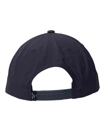 Back of a navy five-panel nylon cap with an adjustable plastic snapback closure and a small black tab label.