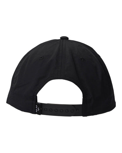 Back of a black 5-panel nylon cap with an adjustable plastic snapback strap and a small graphic tag.