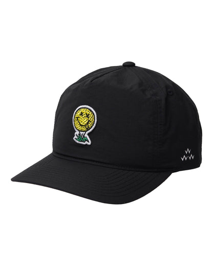 Black five-panel snapback cap featuring a yellow golf ball smiley face on a tee, with a small white logo.