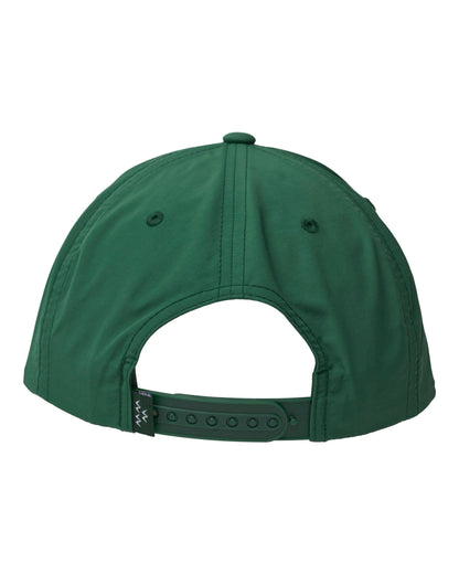Back of a green nylon snapback cap with a plastic strap and a small black woven tag.