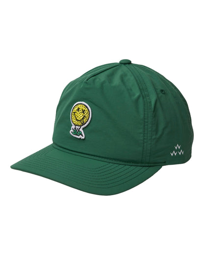 Green five-panel cap featuring a yellow smiley golf ball motif on a tee and white crown side logo.