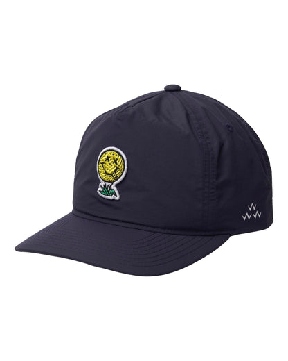 Navy five-panel nylon snapback cap featuring a yellow smiley golf ball motif on the front and a small logo on the side.