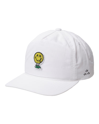 A white 5-panel cap featuring a yellow smiley face golf ball design on the front and black logos on the side.