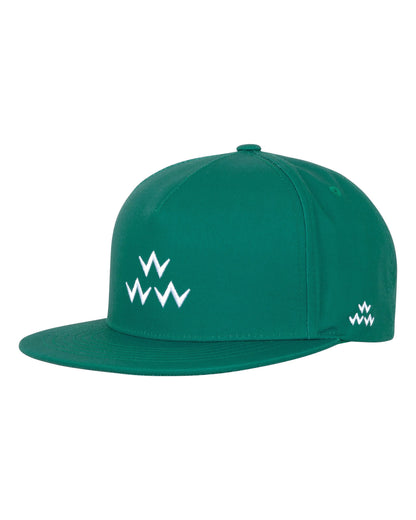 Green five-panel snapback cap featuring a white triple eagle embroidery on the structured crown front.