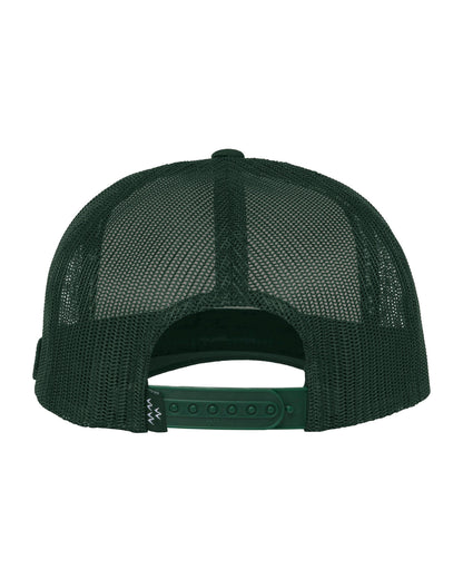Back of a green trucker hat showing its mesh panels and adjustable plastic snapback closure.