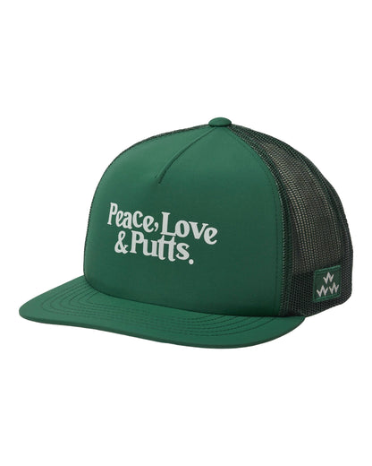Green 5-panel trucker hat featuring a flat brim and white text reading Peace, Love & Putts.