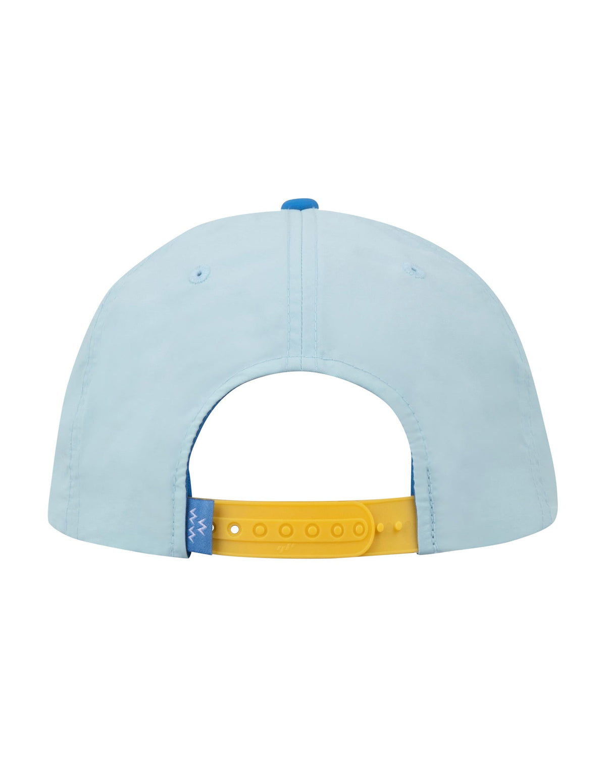 Back of a sky blue nylon snapback cap featuring an adjustable yellow plastic snap closure and a woven tag.