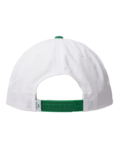 Back of a white five-panel nylon snapback with a green plastic strap and a matching green top button.