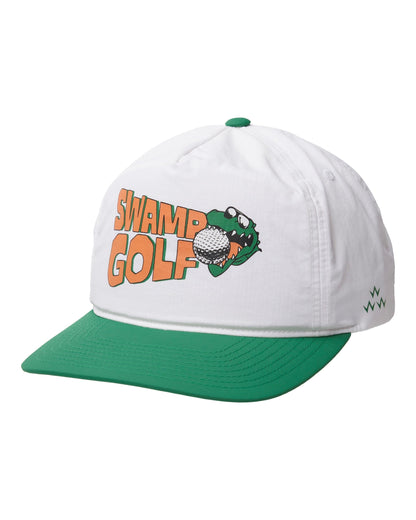 White five-panel nylon snapback with a green brim and an alligator graphic biting a golf ball.