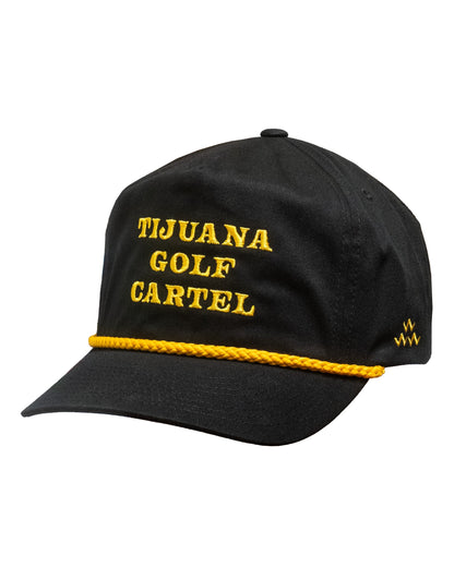 Black 5-panel curved brim cap featuring yellow embroidered Tijuana Golf Cartel text and a rope detail.