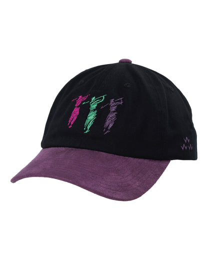 Black cotton dad cap featuring a purple suede brim and embroidered colorful figures on the front.