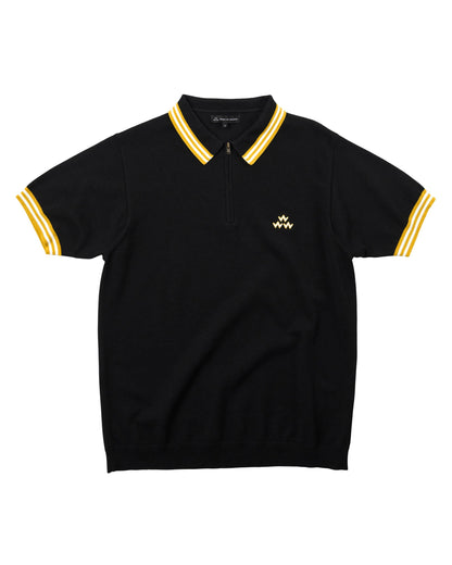 Black knit polo shirt featuring a quarter-zip placket, yellow and white striped collar, and triple eagle logo.