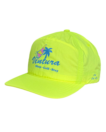 Lime five-panel snapback cap featuring a blue palm tree and sail design with Ventura Shop-Golf-Stay text.