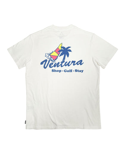 Back of a white crew neck t-shirt with a blue palm tree, sailboat, and Ventura script graphic.