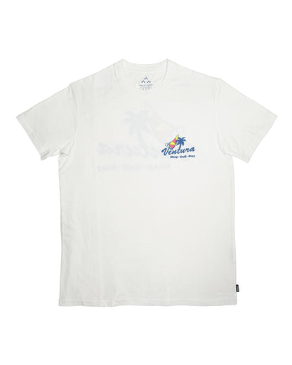 A white crew neck t-shirt with a colorful palm tree and text graphic on the left chest.