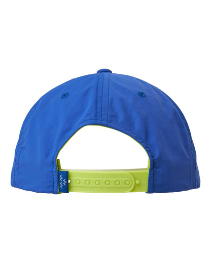 Back of a blue nylon snapback cap featuring a contrasting fluoro green adjustable plastic strap.