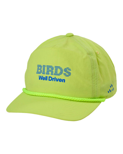 Lime five-panel snapback cap featuring a rope detail and blue graphic text reading BIRDS Well Driven.