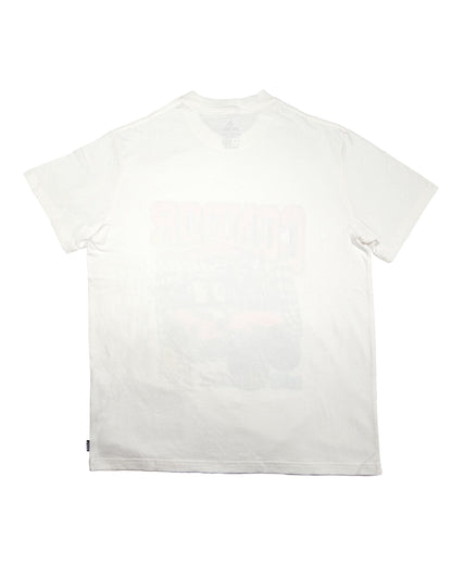 Back of a white short-sleeve cotton t-shirt with a faint retro print design on the center back.